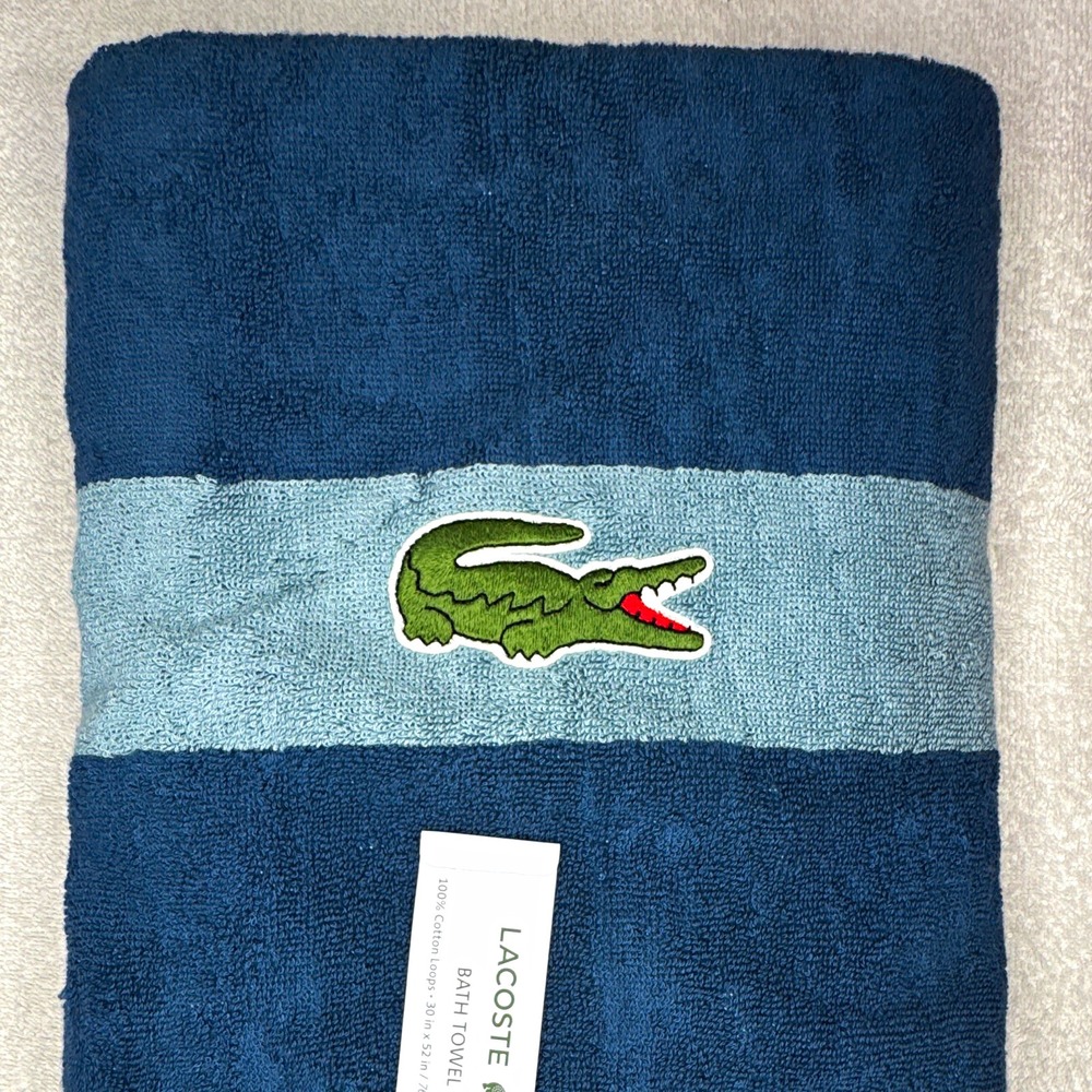 Lacoste Bath Towel 30x52 Blue Striped 100% Cotton Embroidered Crocodile
